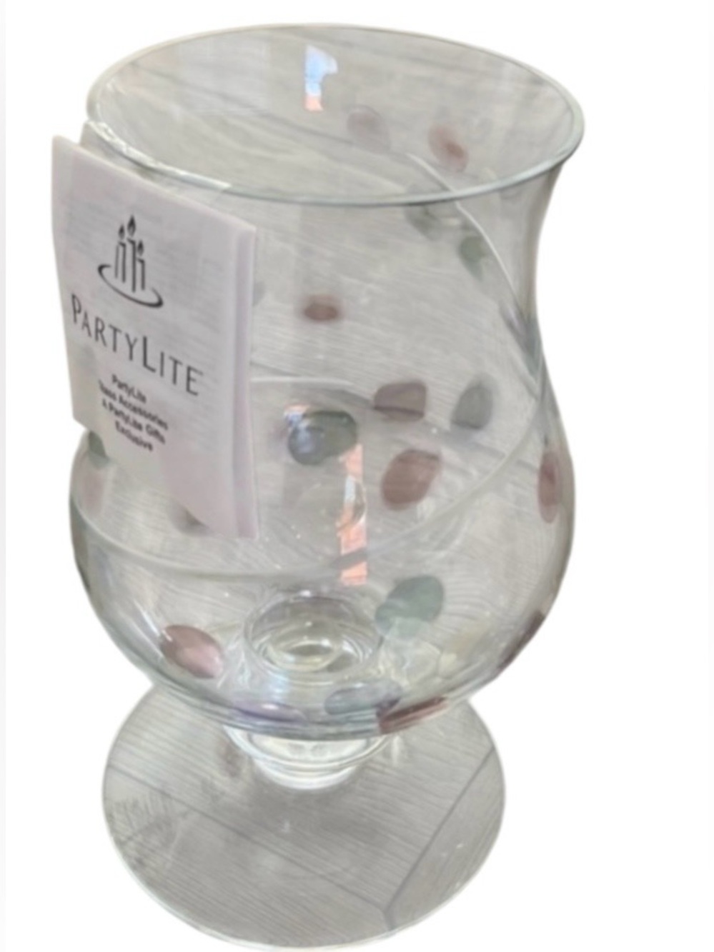 PartyLite Jardiniere footed vase/candle holder with a etched swirl & pastel dots